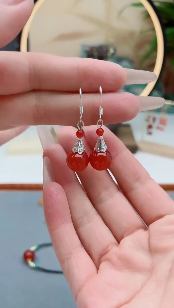 南红玛瑙银S925镶嵌耳饰672