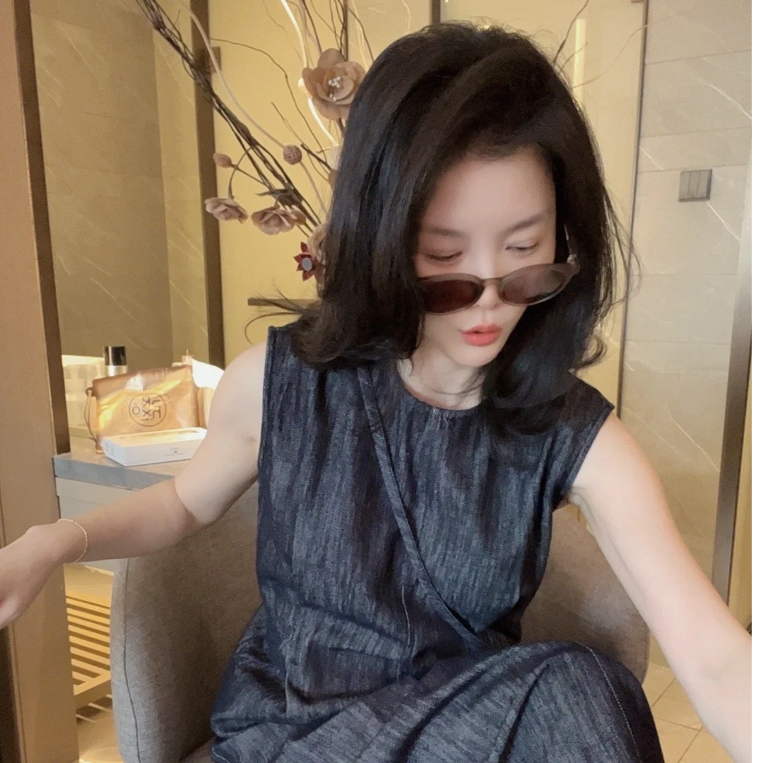 悦悦专属【明月清风与我】气质无袖收腰显瘦牛仔连衣长裙Y129