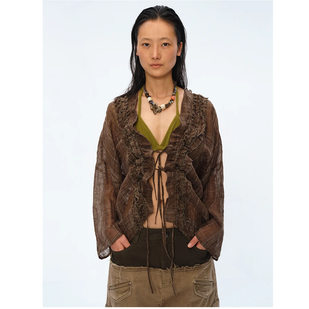 Square Circle 方圆亚麻抽绳系带木耳边微透宽松休闲罩衫长袖衬衫