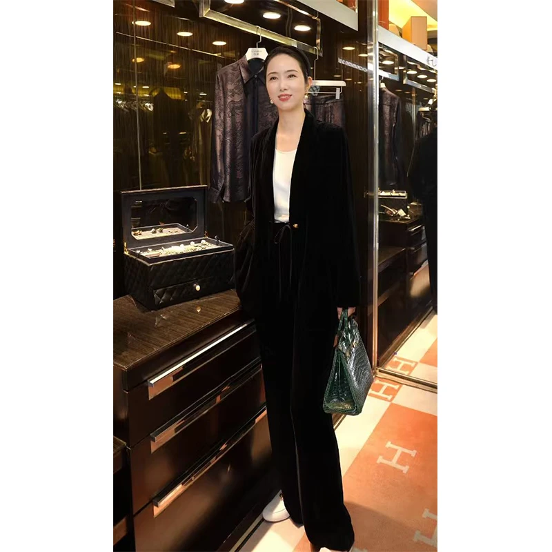 【一眼万年】高定桑蚕丝真丝丝绒西装+西装女高端大气丝绒套装