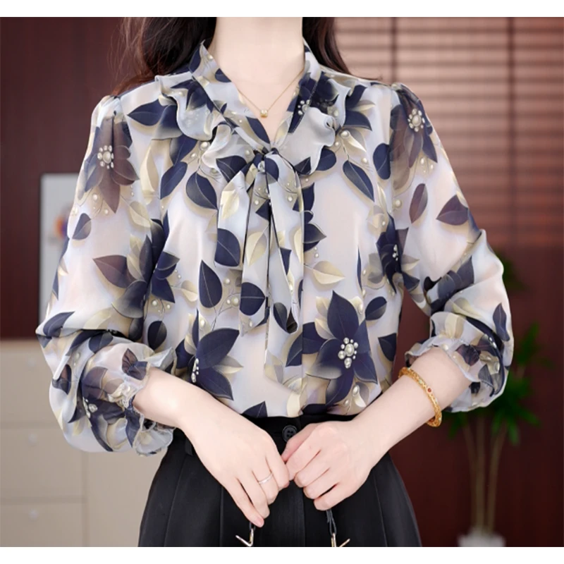 2025新款原版正品叶影繁花荷叶飘带减龄春季洋气女士小衫JA113