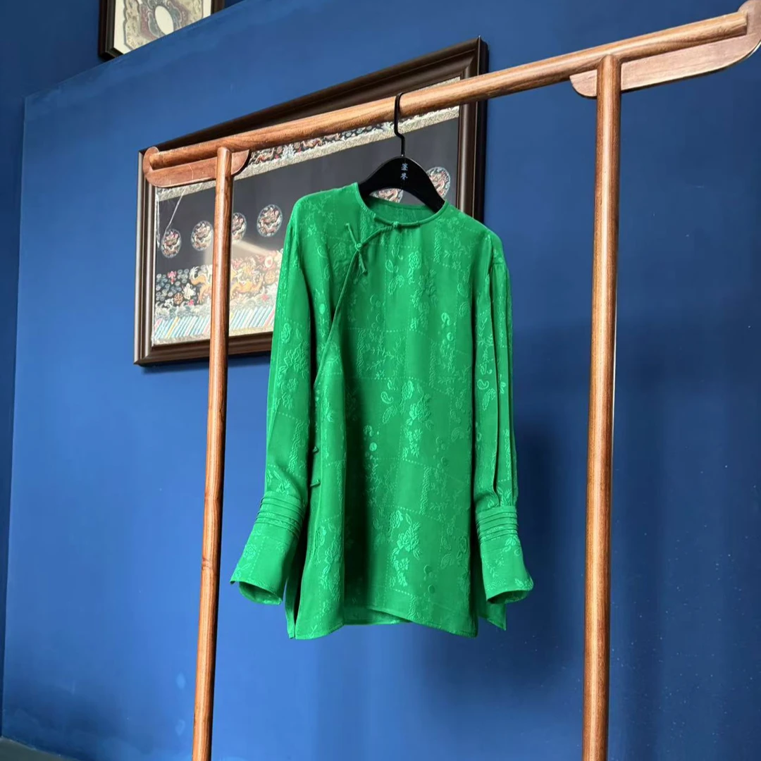 上海鉴界传统中国风上衣青衫染蚕丝设计款新中式衬衫