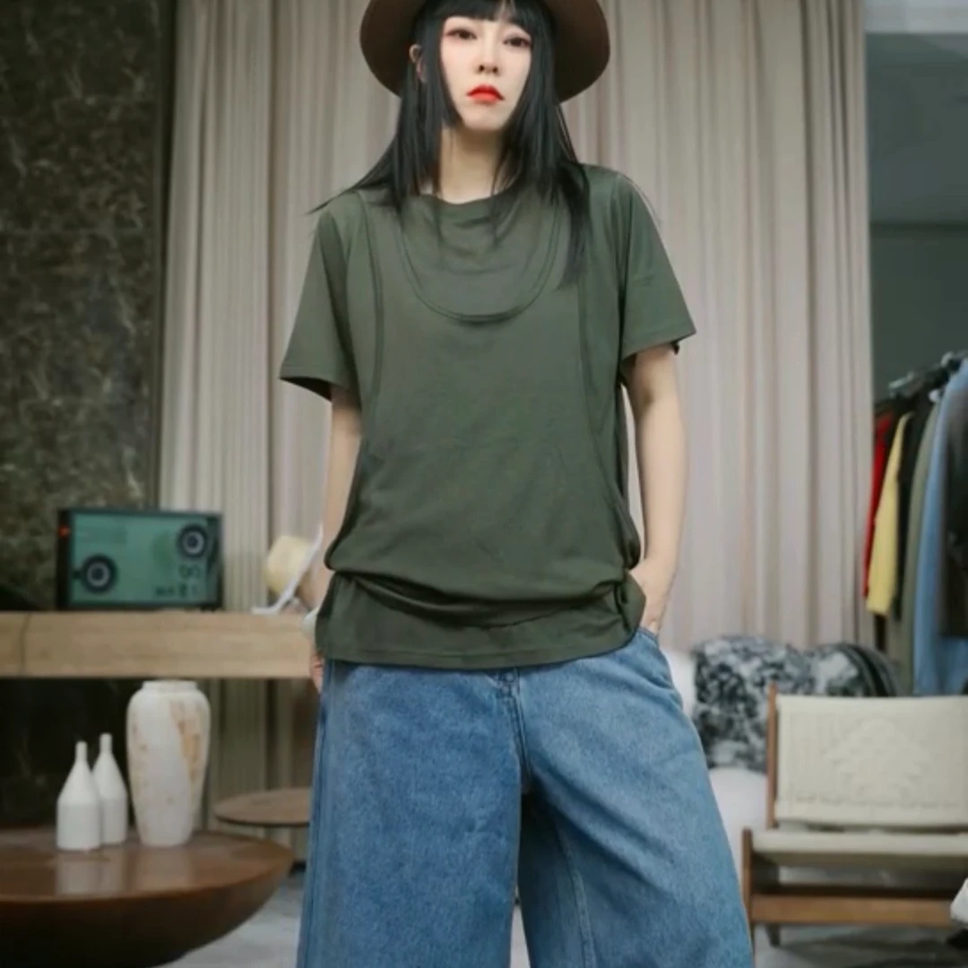 infobyfive福利夏季假两件兜兜围巾冰冰围兜短袖圆领T恤NF0504287