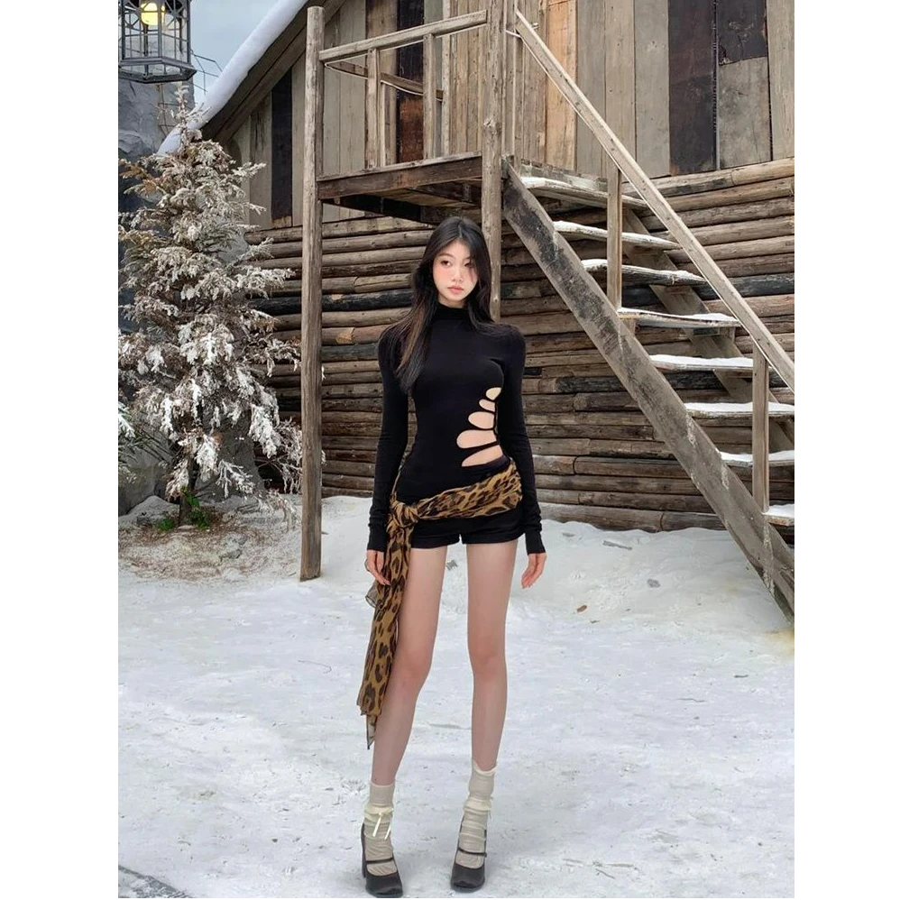 pinkmoon||美式辣妹半高领镂空T恤女初秋修身显瘦上衣打底衫潮