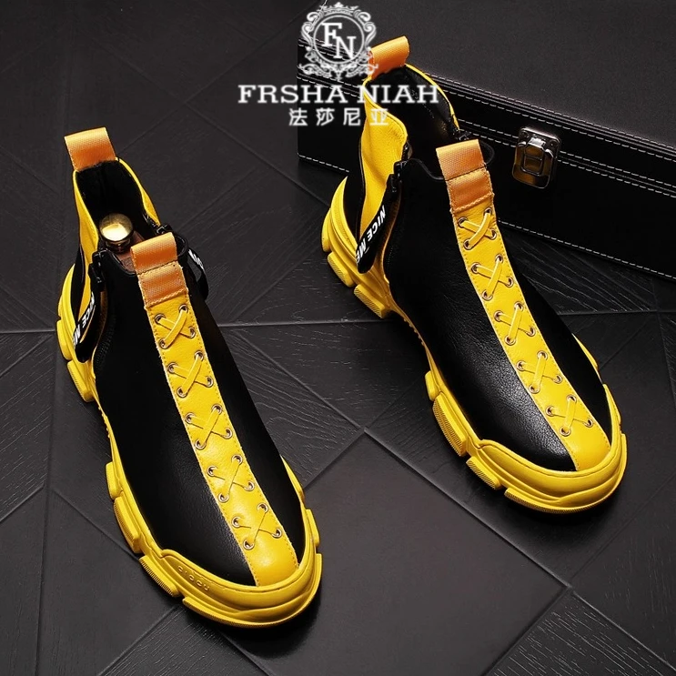 法莎尼亚男士平底马丁靴秋冬皮靴潮男高帮鞋韩版潮流轻奢牛仔短靴