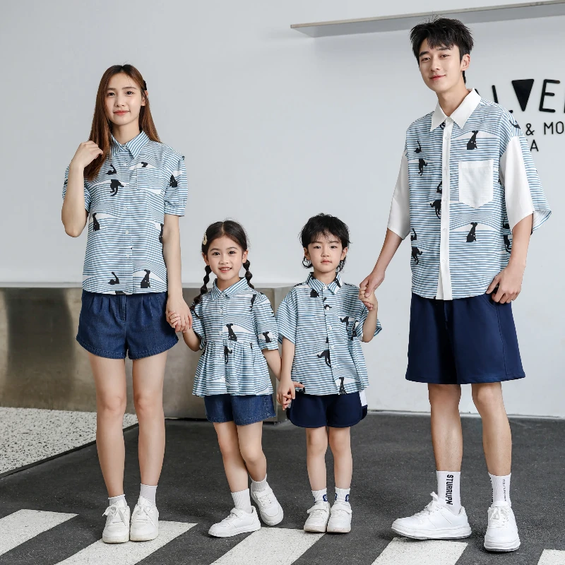 一家四口套装亲子装休闲印花短袖衬衫牛仔短裤情侣装兄弟姐妹装