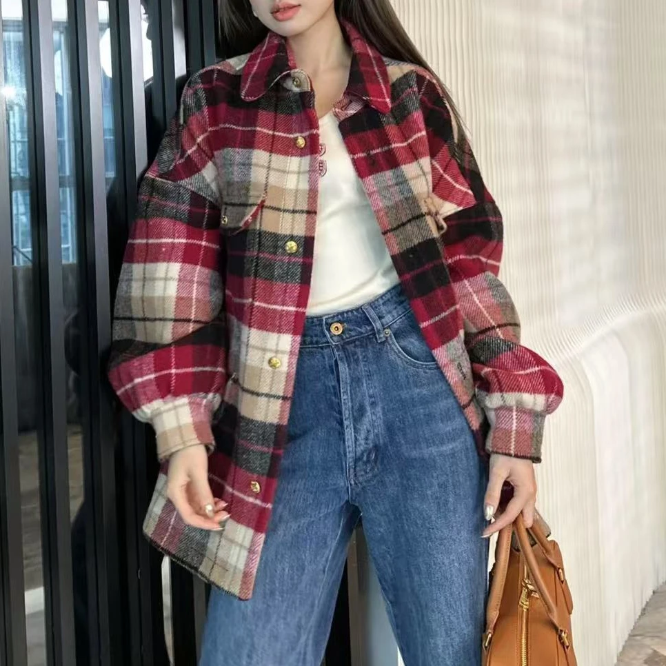 未使用 Celine/思琳 格子单排扣尖领长袖衬衫