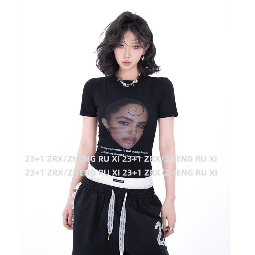 付新博女装人像印花短袖T恤女春夏美式辣妹百搭显瘦短款上衣13828