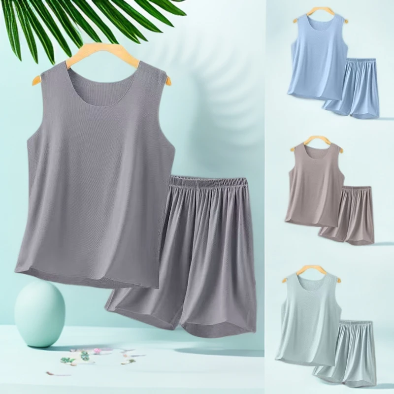 夏季男士背心睡衣套装2025冰丝凉感家居服螺纹薄款宽松休闲居家服