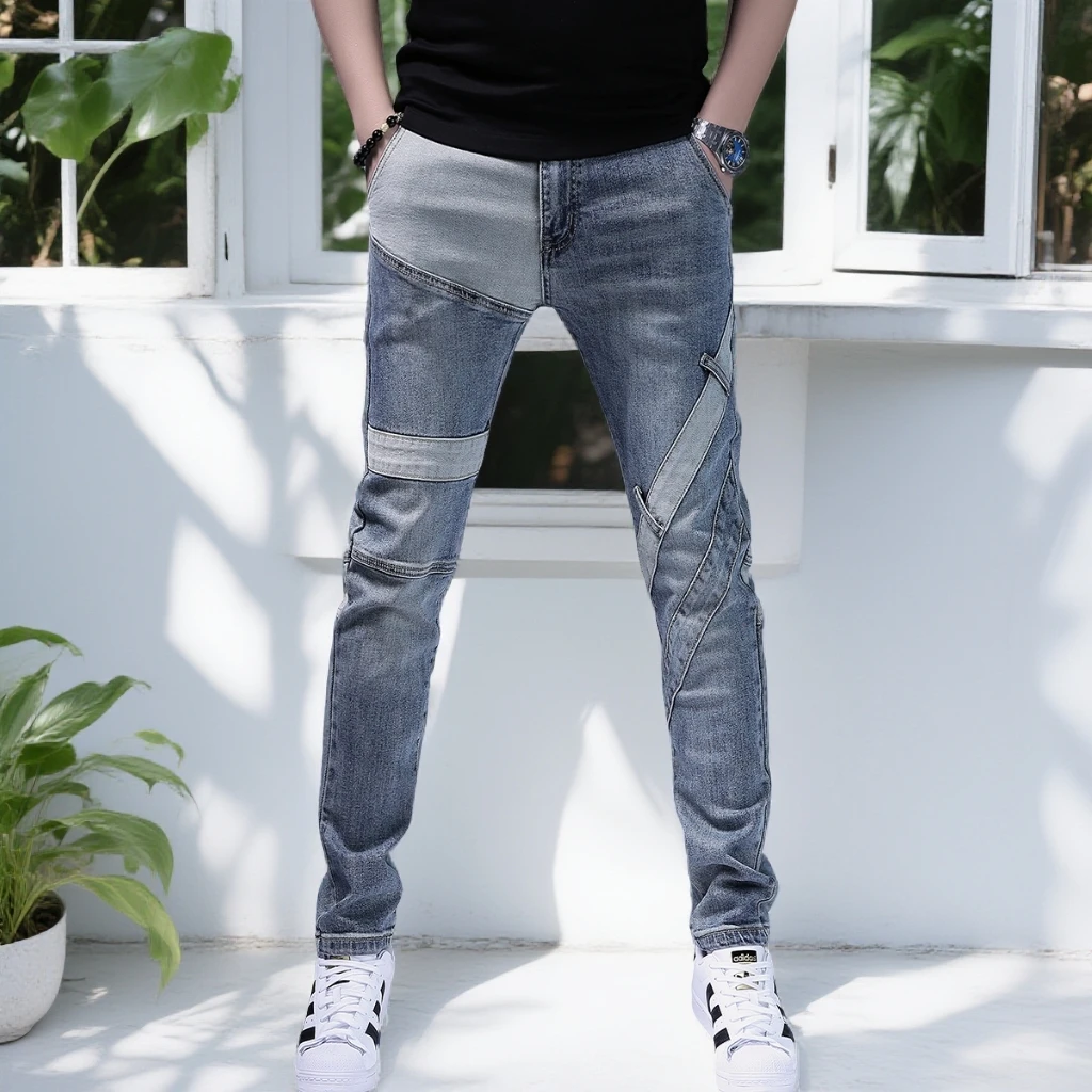 娜罗普西男牛仔裤新款男士修身弹力裤子男裤个性拼接潮流休闲长裤