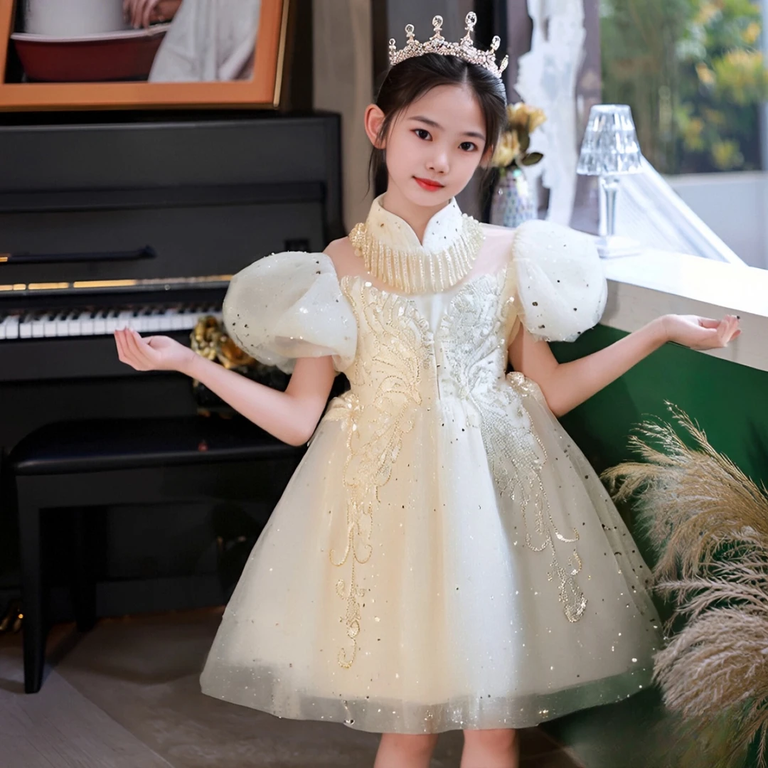 白色公主裙女童礼服女童连衣裙公主裙女童6-12岁潮款高端夏装短袖