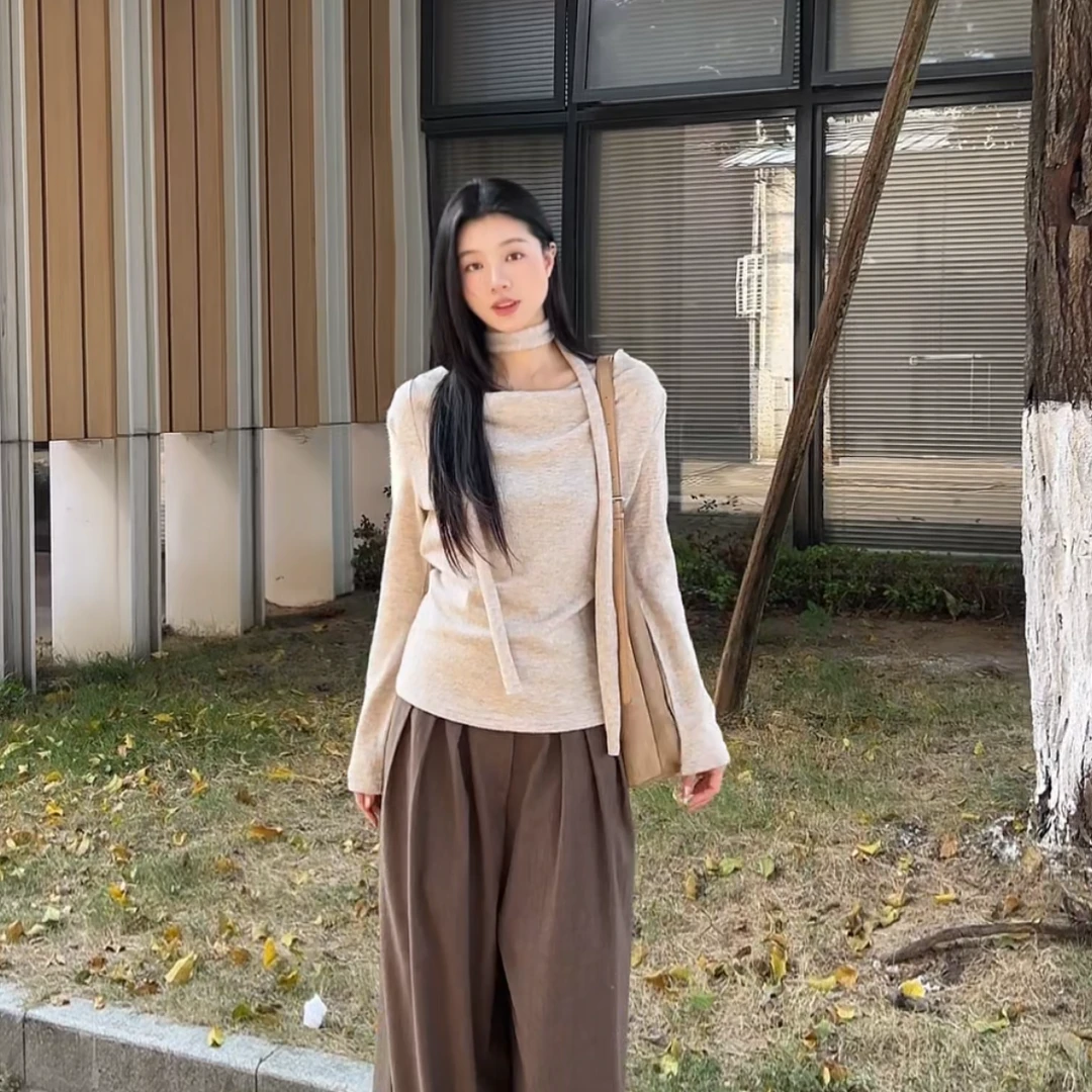 LLei大蕾【温暖堆叠】别致设计感显瘦上衣荡领多造型飘带毛衣高级感