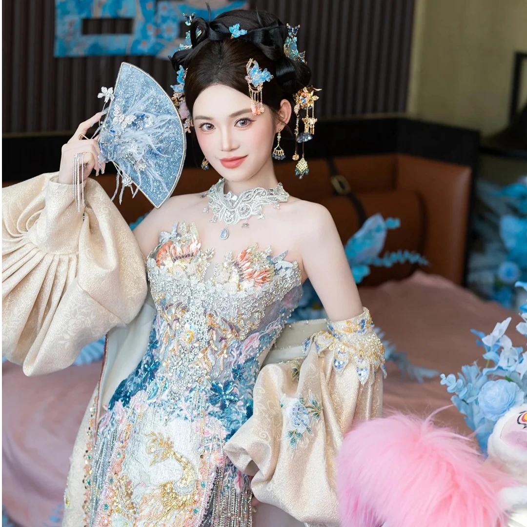 【原创】SSURMOON苏蔓古绣复古蓝金新中式旗袍