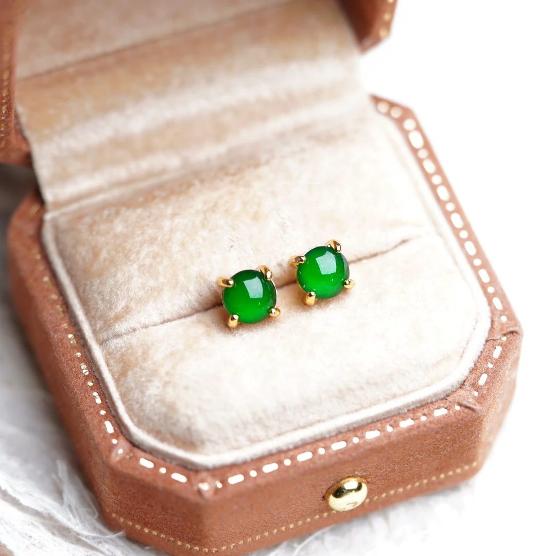 天然A货翡翠蛋面经典大四爪耳钉时尚简约 金色 6mm