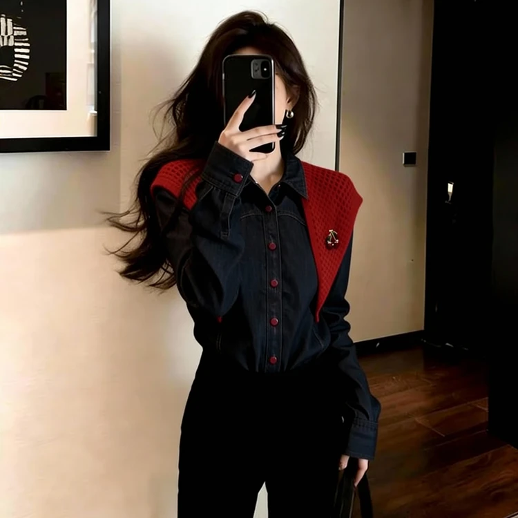 设计感潮流时尚百搭美式百搭款牛仔披肩衬衫女2026冬撞色开衫上衣