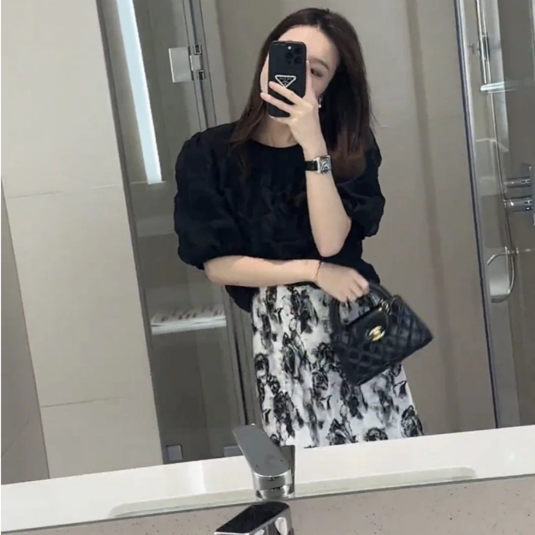 Barbie Siyu安妮裙新款肌理感压褶开叉碎花半身裙+泡泡袖衬衫套装