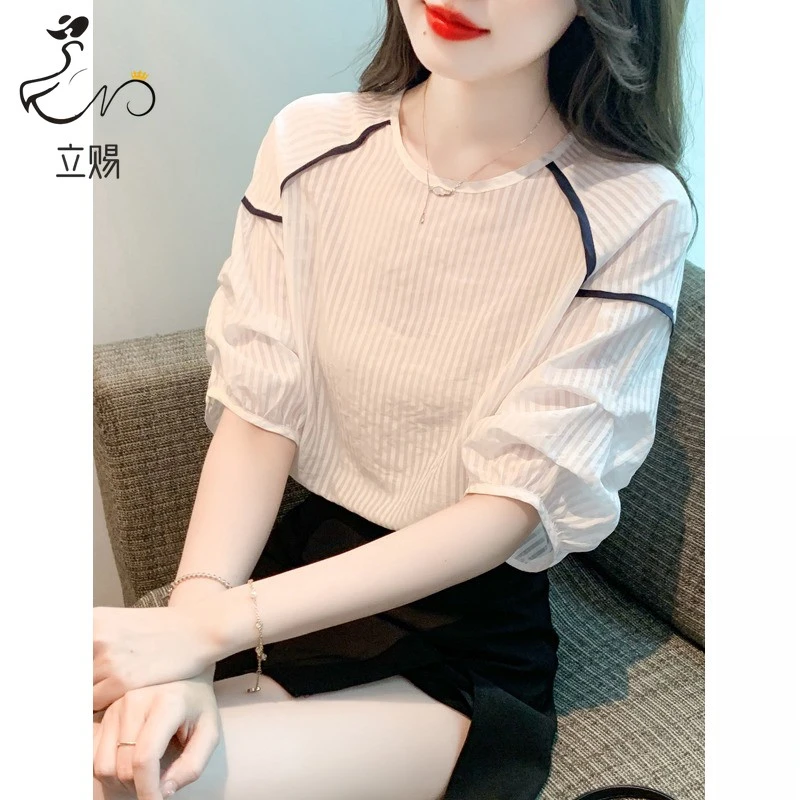 立赐夏季洋气白色时尚衬衫女夏装新款七分袖上衣小衫气质衬衣欧货