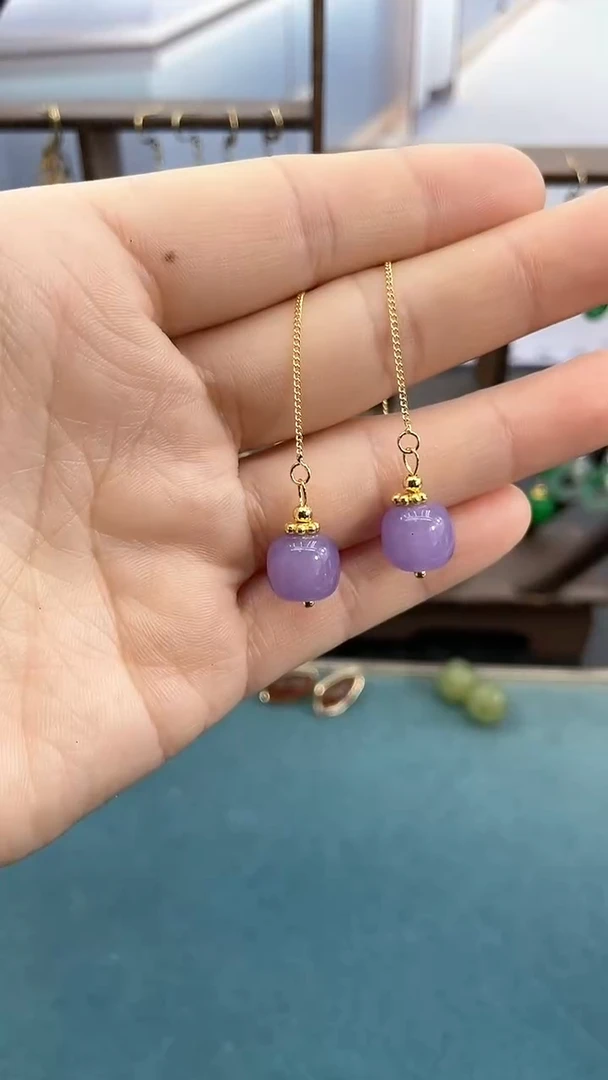 14K金镶嵌和田玉耳饰10mm紫珠耳线