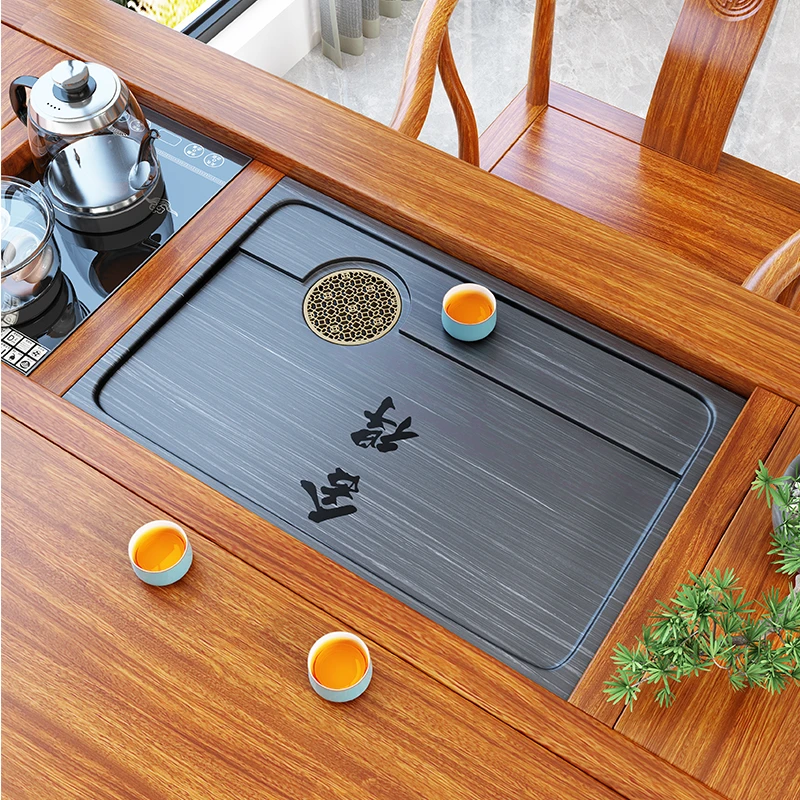 天然石茶盘嵌入式家用定制茶桌中间面板茶台漏水板托盘镶嵌式茶盘