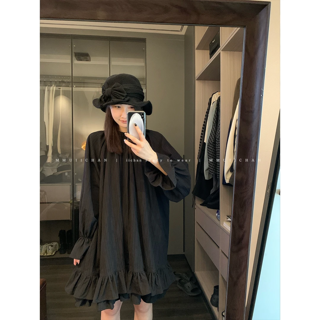 MMUIICHAN 魔女斗篷 非常重工的双层裙摆特殊面料套头黑色连衣裙