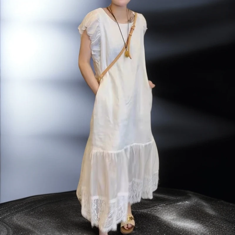 大码女装重工刺绣镂空蕾丝洋气减龄亚麻连衣裙气质时尚拼接鱼尾裙