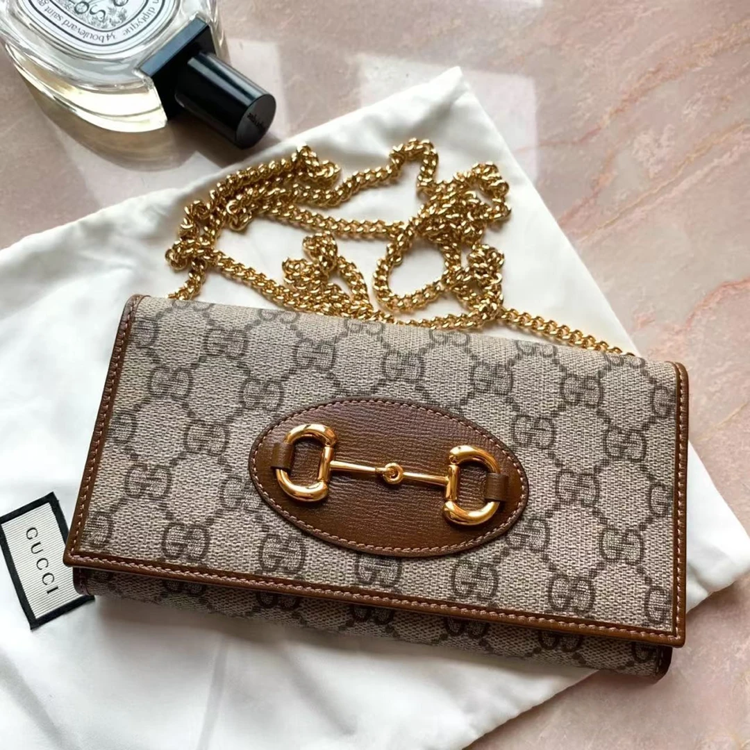 95新 GUCCI/古驰 1955马衔扣woc焦糖色金扣链条包/25826258