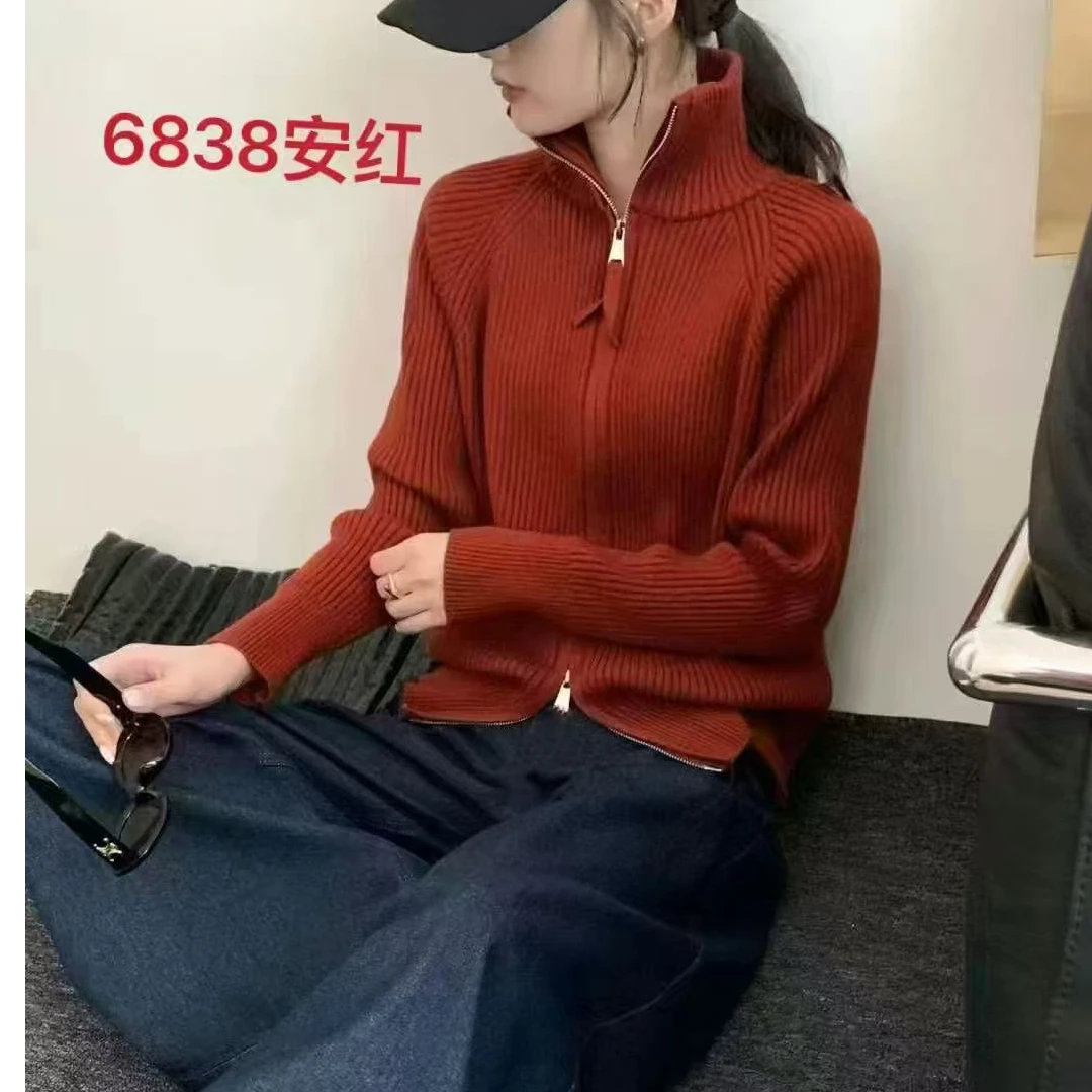 拼接街头风套头款针织衫网红衫时尚纯色毛针织衫高领毛女开衫6838