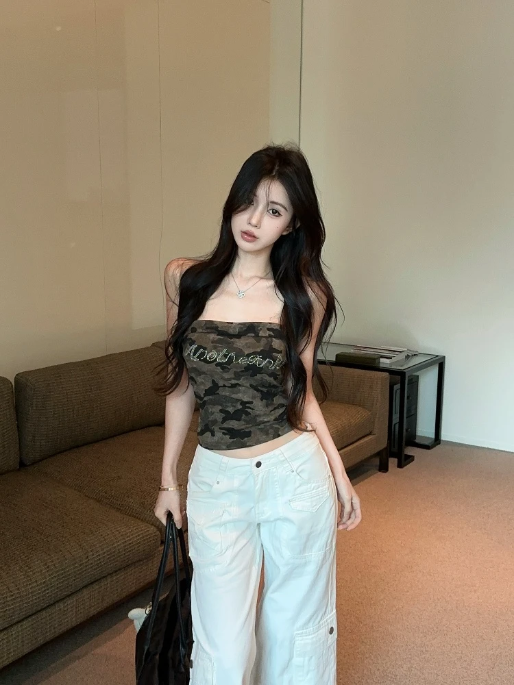 美式复古迷彩烫钻抹胸背心女新夏季辣妹修身外穿裹胸上衣长裤套装