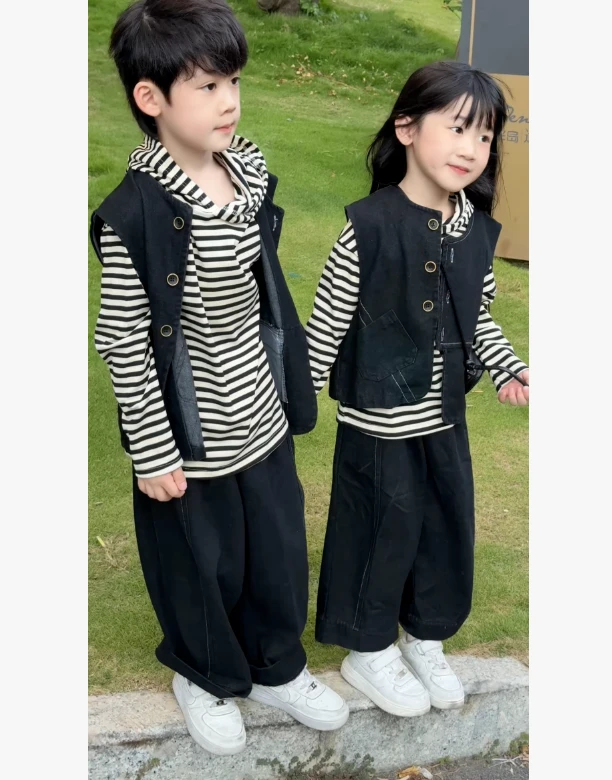 【兄妹款】牛仔套装2025新款秋季马甲连帽T恤秋款韩版痞潮酷三件套