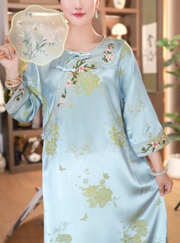 【游园惊梦】新中式重工刺绣遮复古气质七分袖连衣裙11730