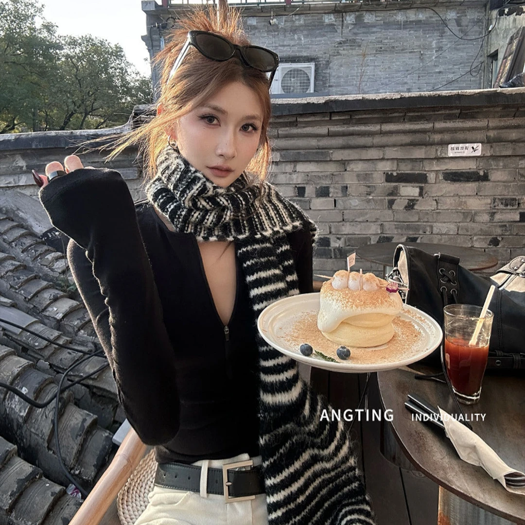 复古辣妹长袖T恤女秋冬内搭拉链半开领修身打底衫外穿短款上衣