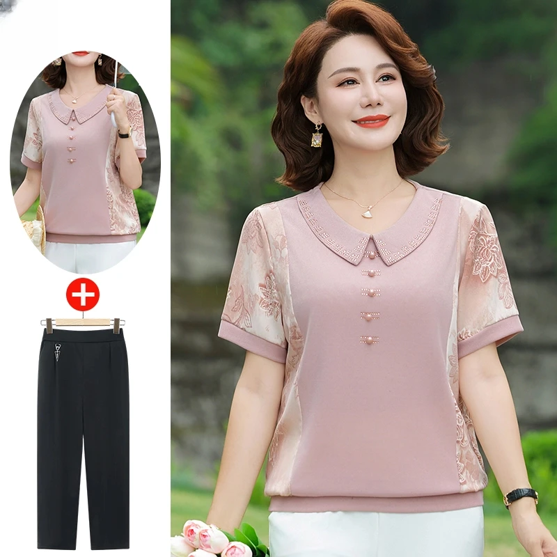 新款妈妈装夏季短袖小衫洋气百搭T恤中老年时尚女装薄款宽松上衣
