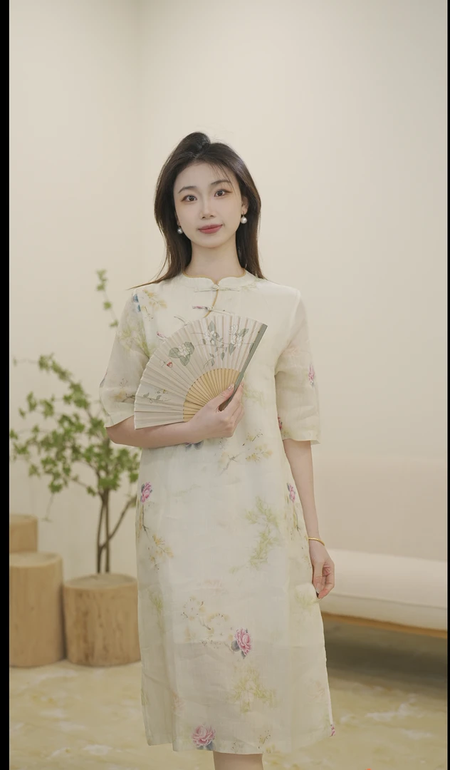 2025夏新款女装 旅行文艺复古立领短袖旗袍长款连衣裙女