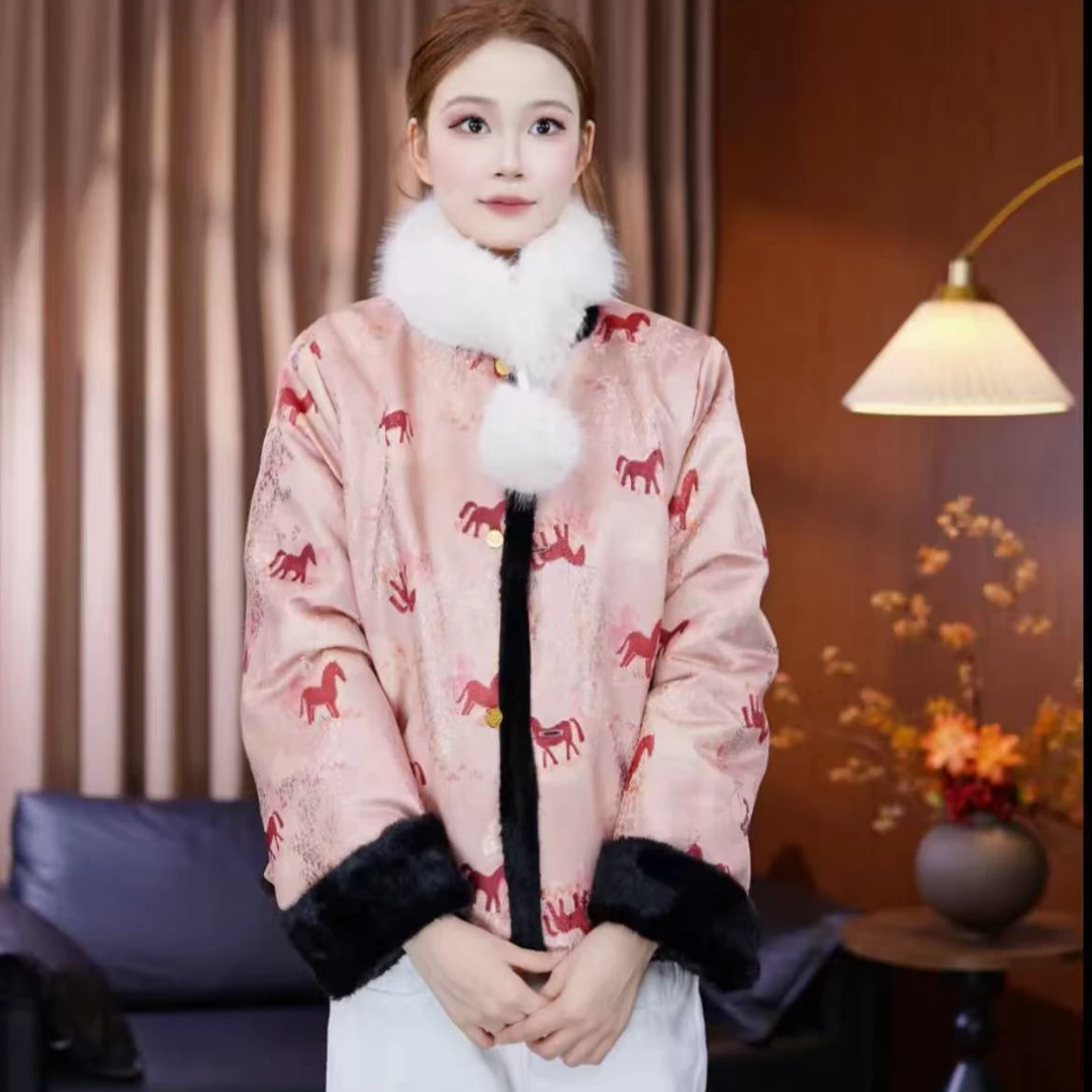 【红颜马】新中式冬季双面穿进口毛毛外套显瘦保暖上衣