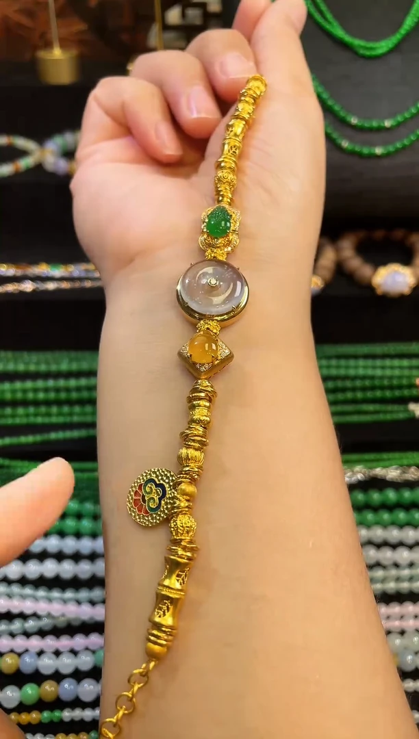 足金镶嵌手链翡翠高冰翡翠盘缠手链