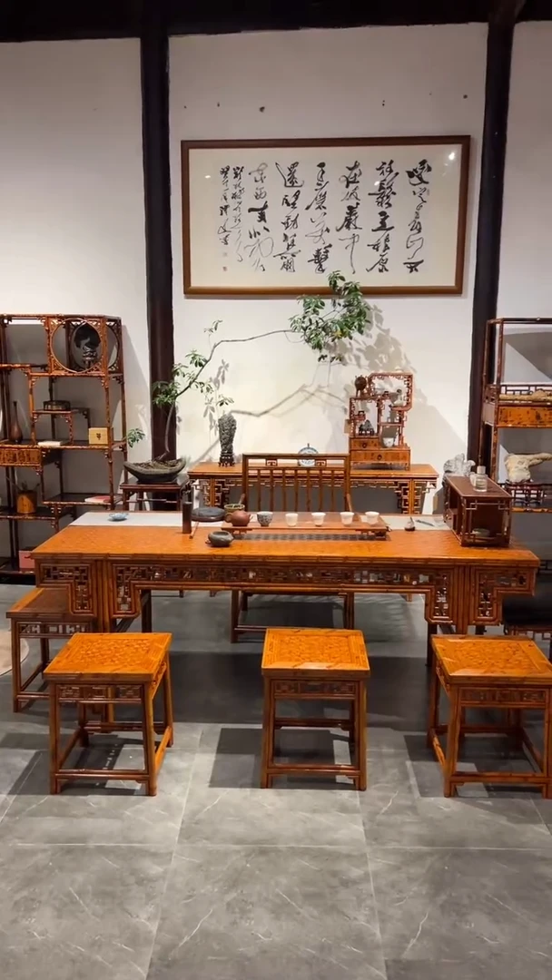 竹j****）湘妃竹福建红湘妃竹茶桌一套