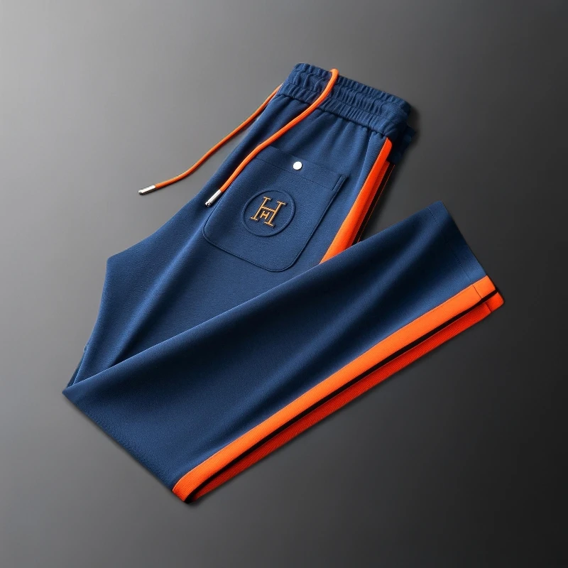 新款秋季时尚撞色织带拼接男士休闲裤空气层潮牌运动直筒卫裤男款