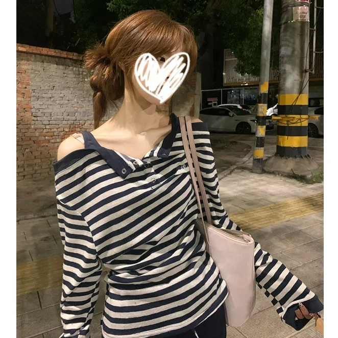 美式条纹吊带露肩长袖T恤女秋季修身显瘦纯欲辣妹上衣内搭打底衫