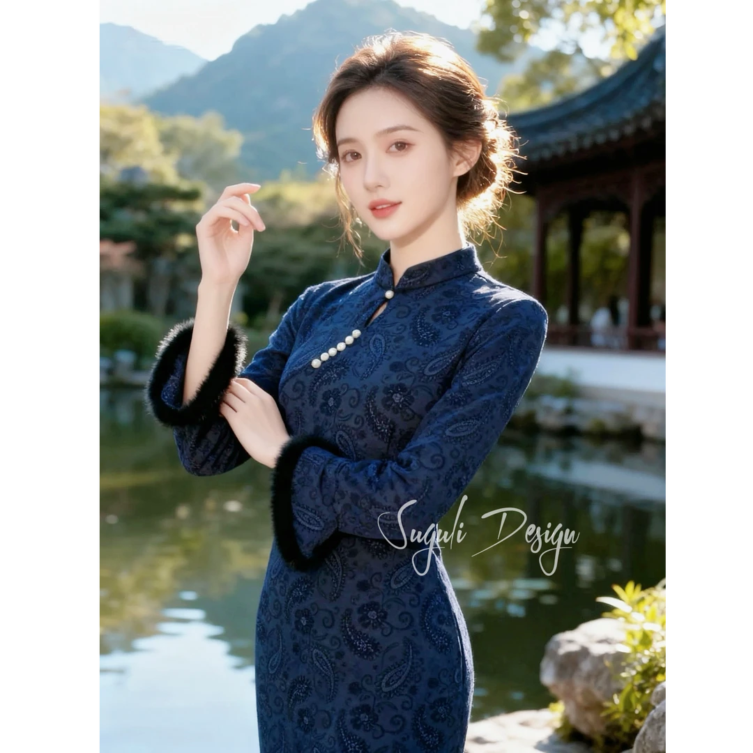 苏故里【月下花眠】新款冬季加绒修身显瘦气质改良新中式旗袍中长
