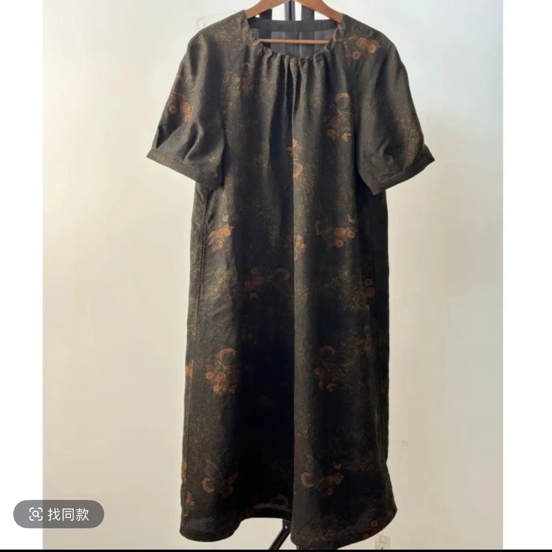 TSY9998 【香云纱】印花气质新中式夏季复古中长款圆领优雅连衣裙