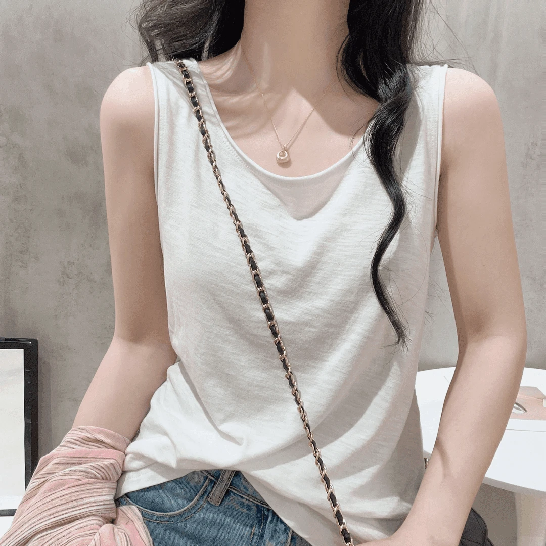 欧货透气竹节棉工字背心女夏宽松打底小衫无袖吊带t恤上衣外穿潮