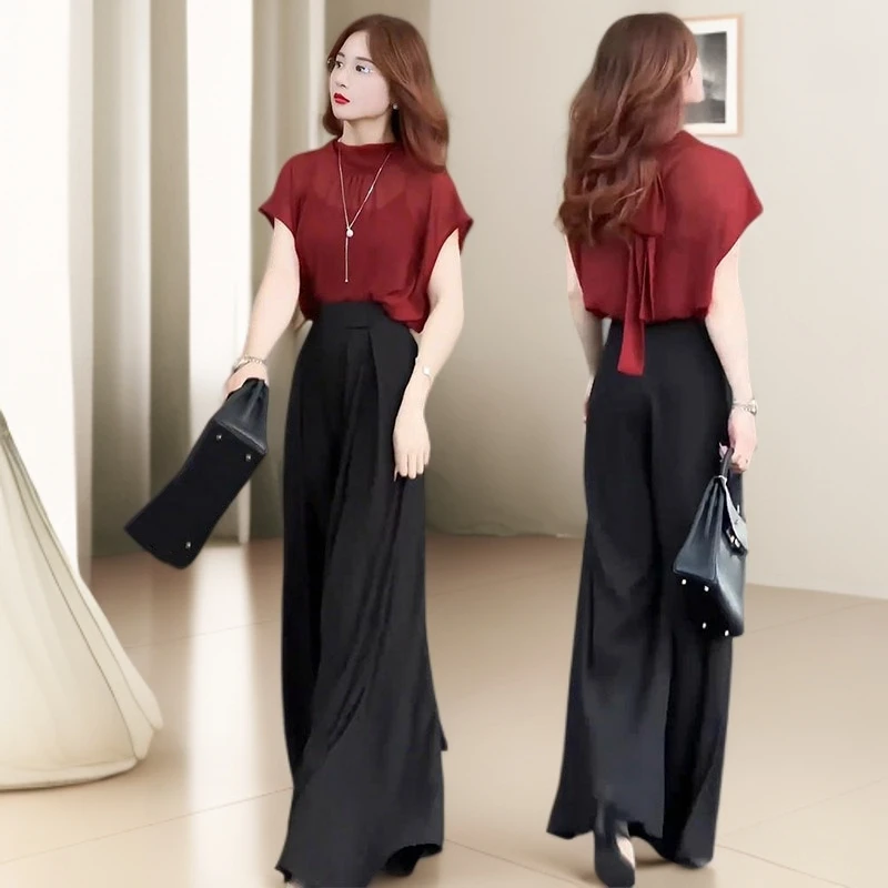 经典复古港风套装女士2025夏季新款气质雪纺上衣阔腿裤两件套女