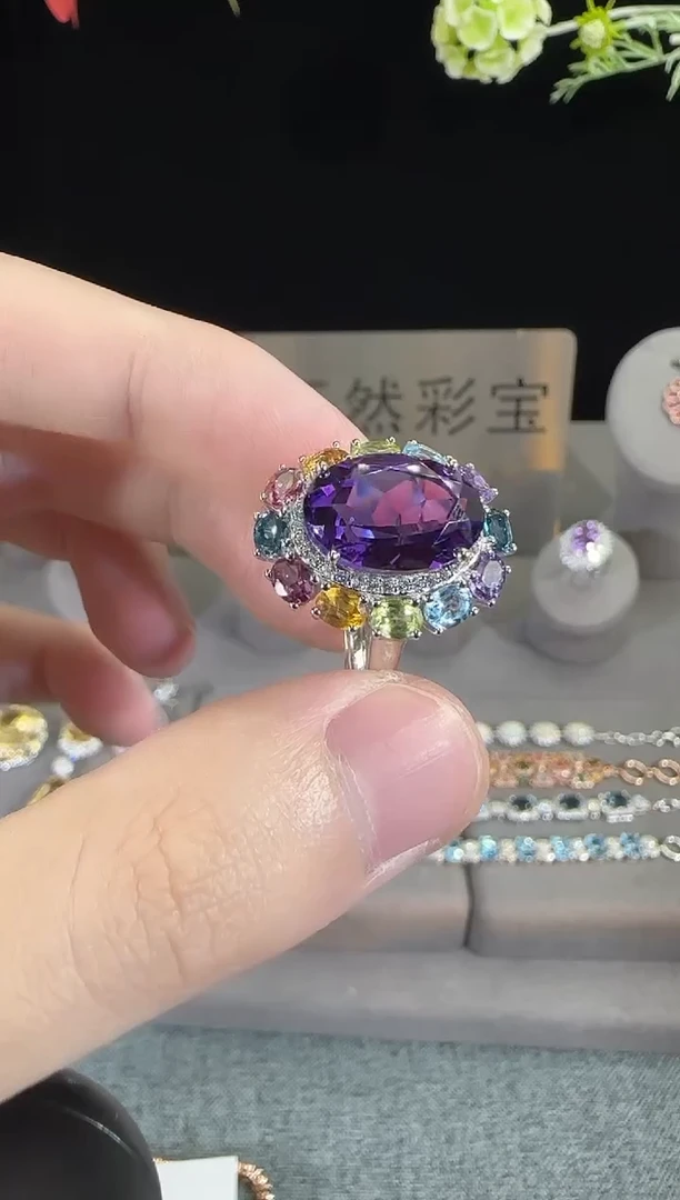 水晶戒指银S925镶嵌10*14mm多彩宝戒指