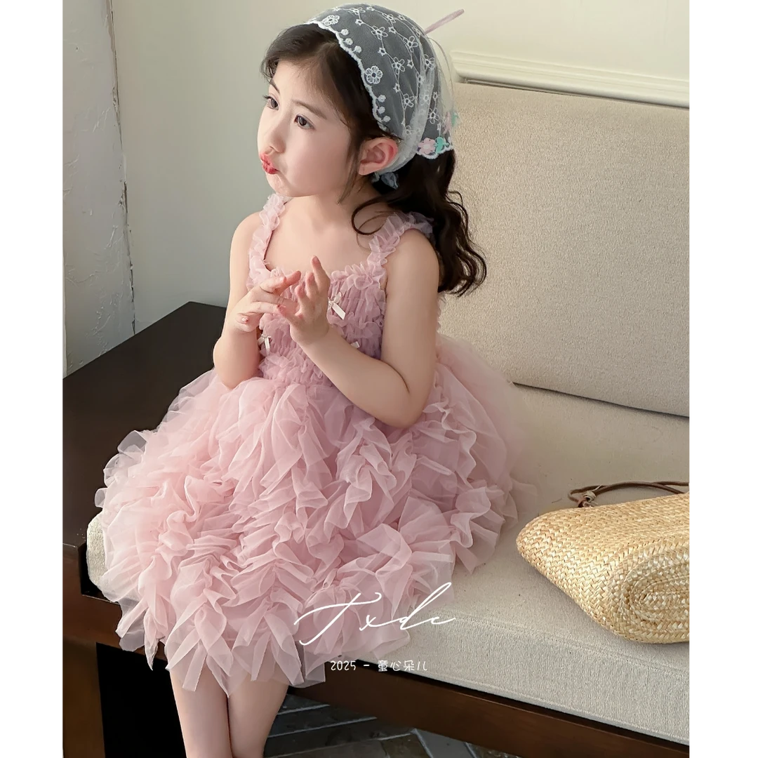 原创重工夏季女童粉色蝴蝶结生日周岁公主仙气吊带连衣裙纱裙