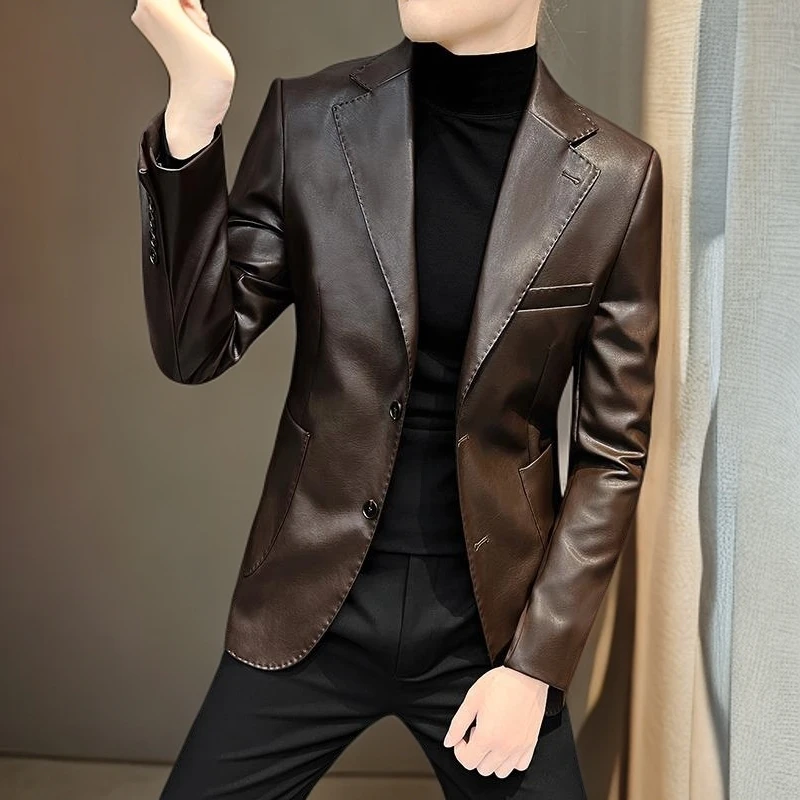 NYING秋季轻奢显瘦男士西装外套高级感痞帅气质休闲时尚皮衣西服