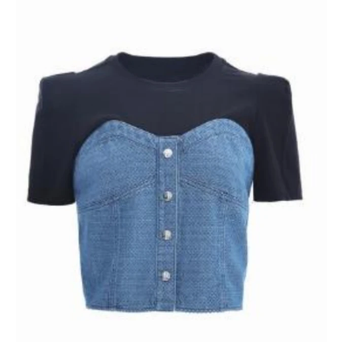 【羊羊专属】Y313104549曼德诗新款春夏蓝黑牛仔拼接短袖