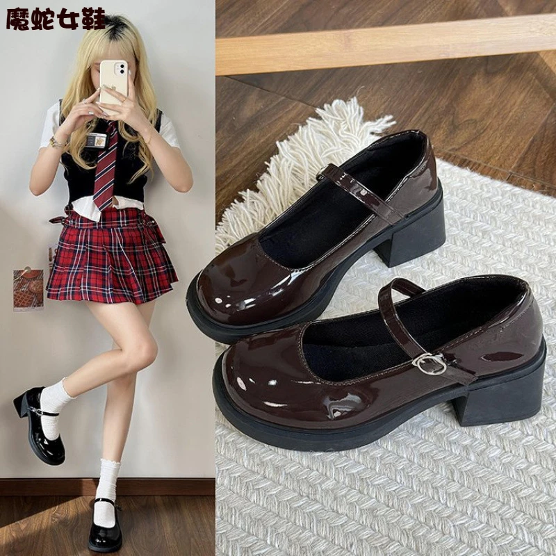 【万达撤柜】皮鞋法式厚底高跟玛丽珍鞋女夏季新款蝴蝶结棕色黑色英