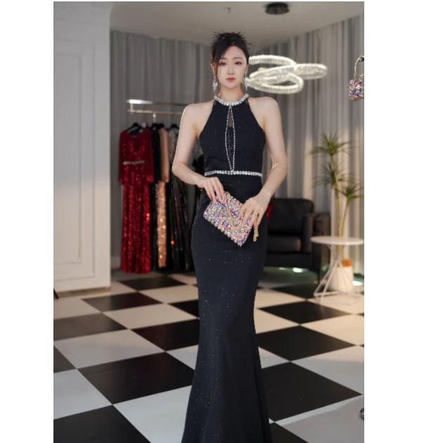 25新款重工镶钻连衣裙显瘦气质长款修身包臀