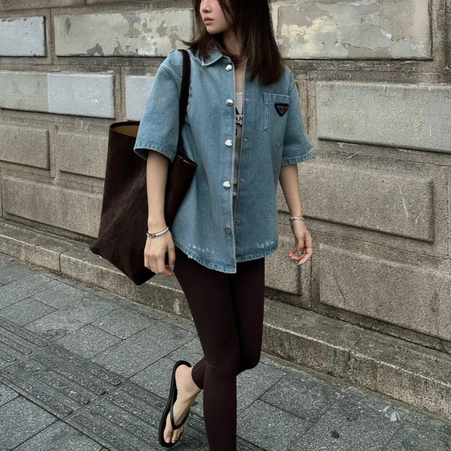 99新 Prada/普拉达 口袋三角标牛仔短袖 36码 D17855