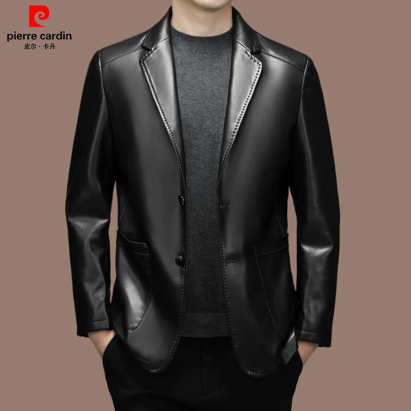 皮尔卡丹 皮衣男西服外套春秋新款中年装帅气爸爸皮夹克高端商务